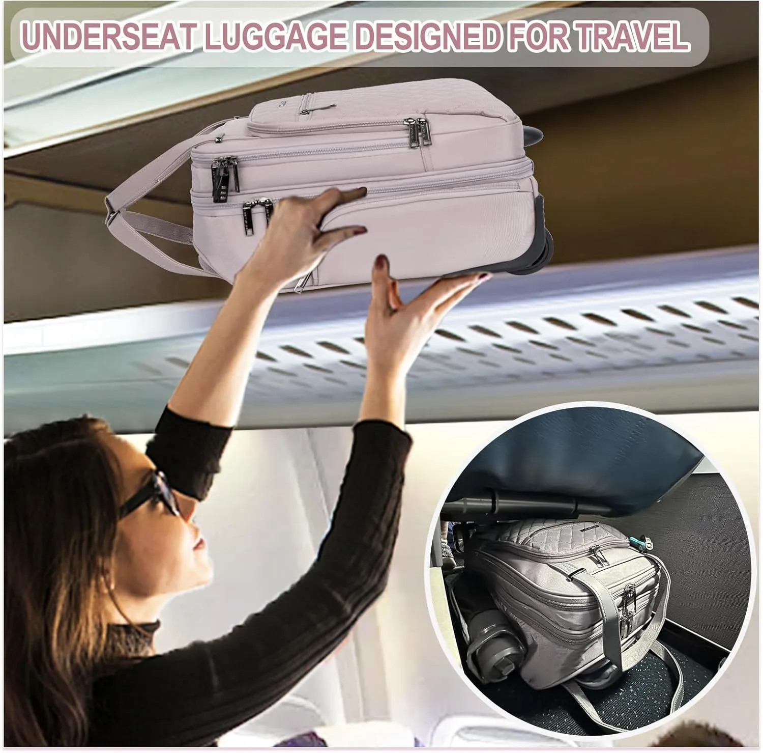 EMPSIGN Underseat Carry On Wheeled - 16" Carry on Bag with Wheels Multi-functional Lightweight Rolling Bag Overnight Weekender Small Suitcase for Women Men Travel Business, Dusty Pink