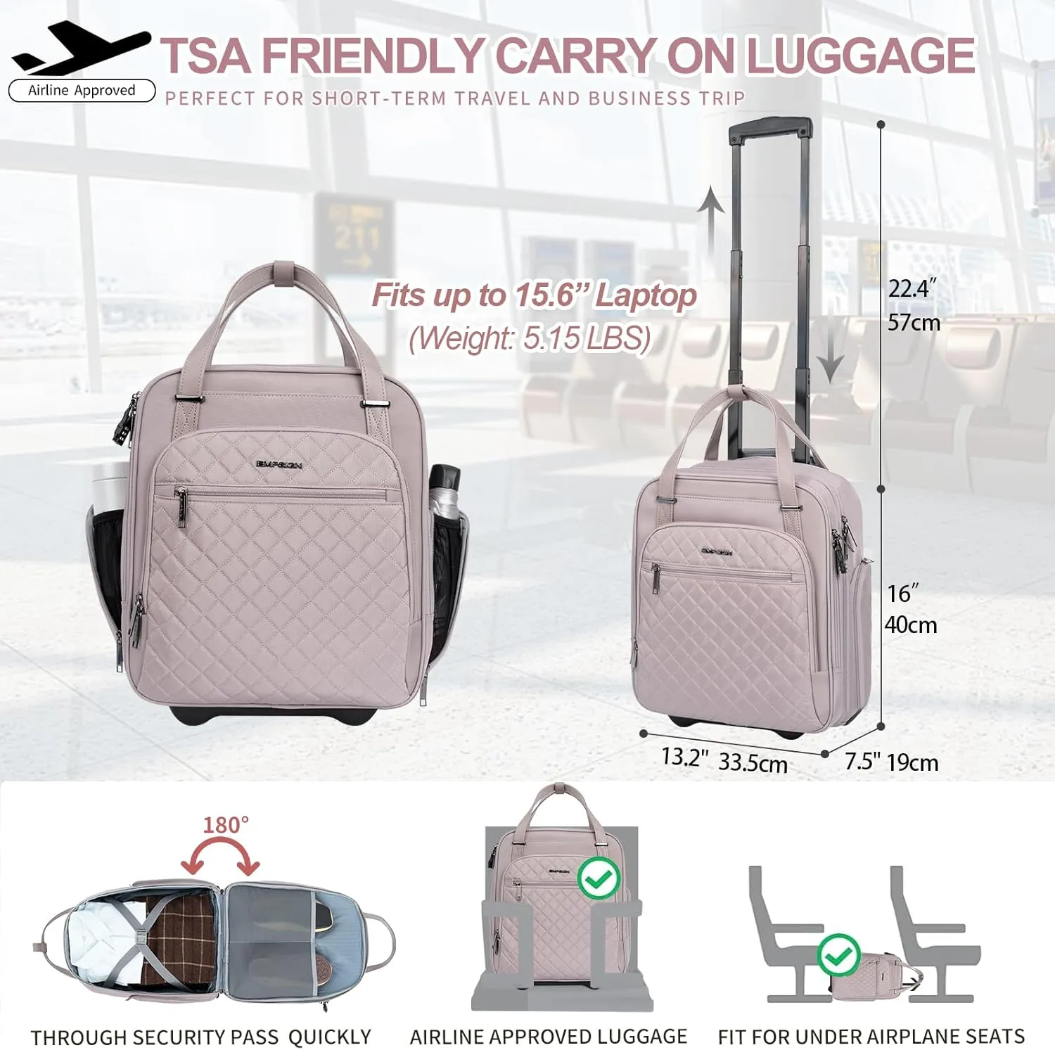 EMPSIGN Underseat Carry On Wheeled - 16" Carry on Bag with Wheels Multi-functional Lightweight Rolling Bag Overnight Weekender Small Suitcase for Women Men Travel Business, Dusty Pink