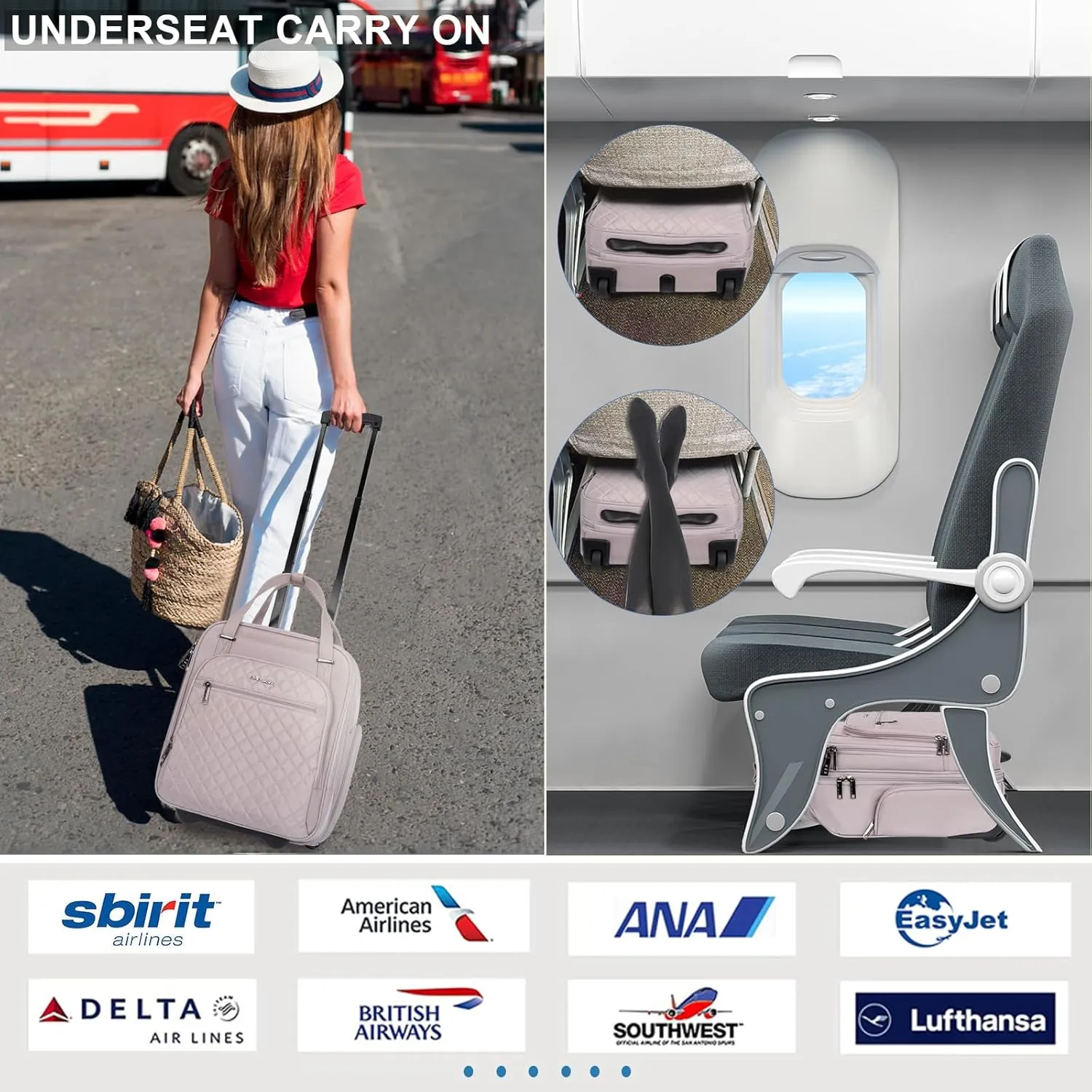 EMPSIGN Underseat Carry On Wheeled - 16" Carry on Bag with Wheels Multi-functional Lightweight Rolling Bag Overnight Weekender Small Suitcase for Women Men Travel Business, Dusty Pink