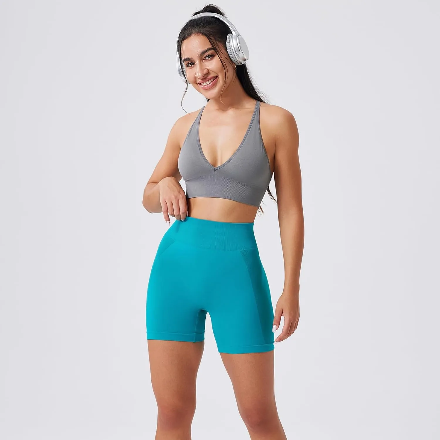 Evercute Women's Gym Shorts 3/4 Pack Seamless Scrunch Butt Lifting Workout Shorts 5" Tummy Control Ruched Booty Yoga Short