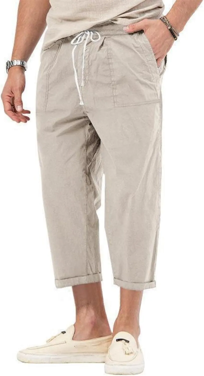 evzosrz Mens Capri Pants Cargo Shorts 3/4 Capri Long Shorts Twill Elastic Below Knee Drawstring Elastic Beach Yoga Pants