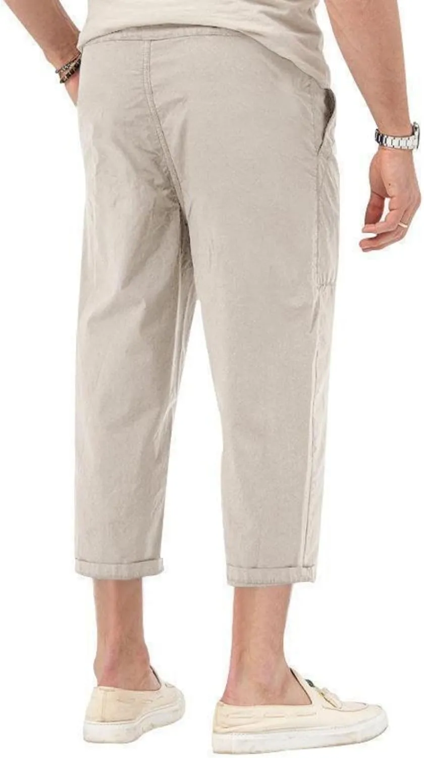 evzosrz Mens Capri Pants Cargo Shorts 3/4 Capri Long Shorts Twill Elastic Below Knee Drawstring Elastic Beach Yoga Pants