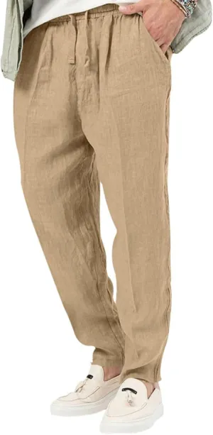 evzosrz Mens Casual Linen Cotton Pants Jogging Lightweight Elastic Waist Drawstring Trousers Yoga Beach Sweatpants Pockets