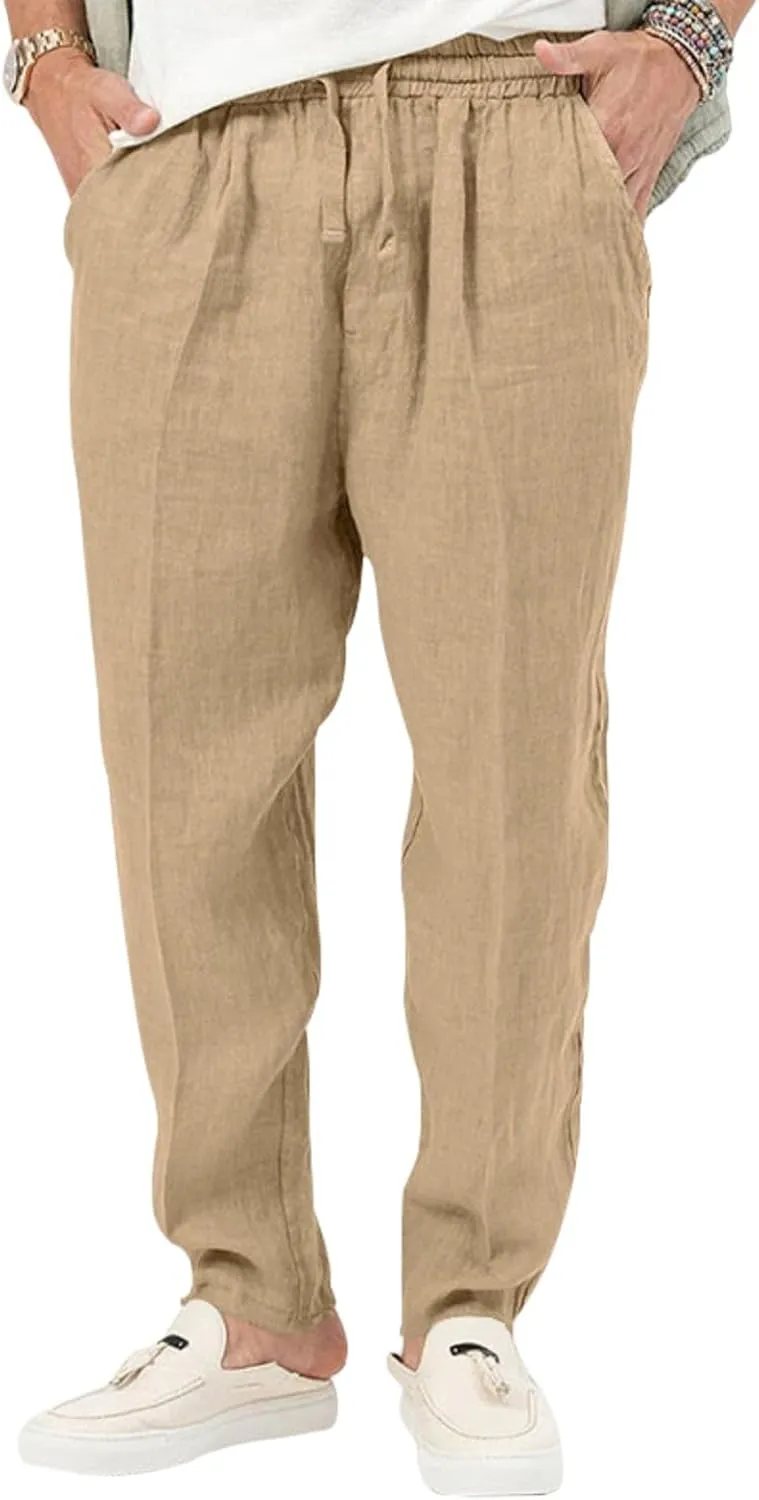 evzosrz Mens Casual Linen Cotton Pants Jogging Lightweight Elastic Waist Drawstring Trousers Yoga Beach Sweatpants Pockets