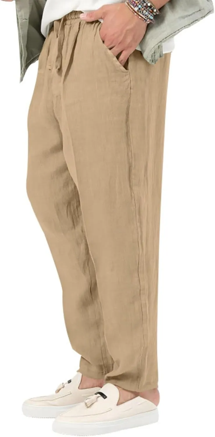 evzosrz Mens Casual Linen Cotton Pants Jogging Lightweight Elastic Waist Drawstring Trousers Yoga Beach Sweatpants Pockets