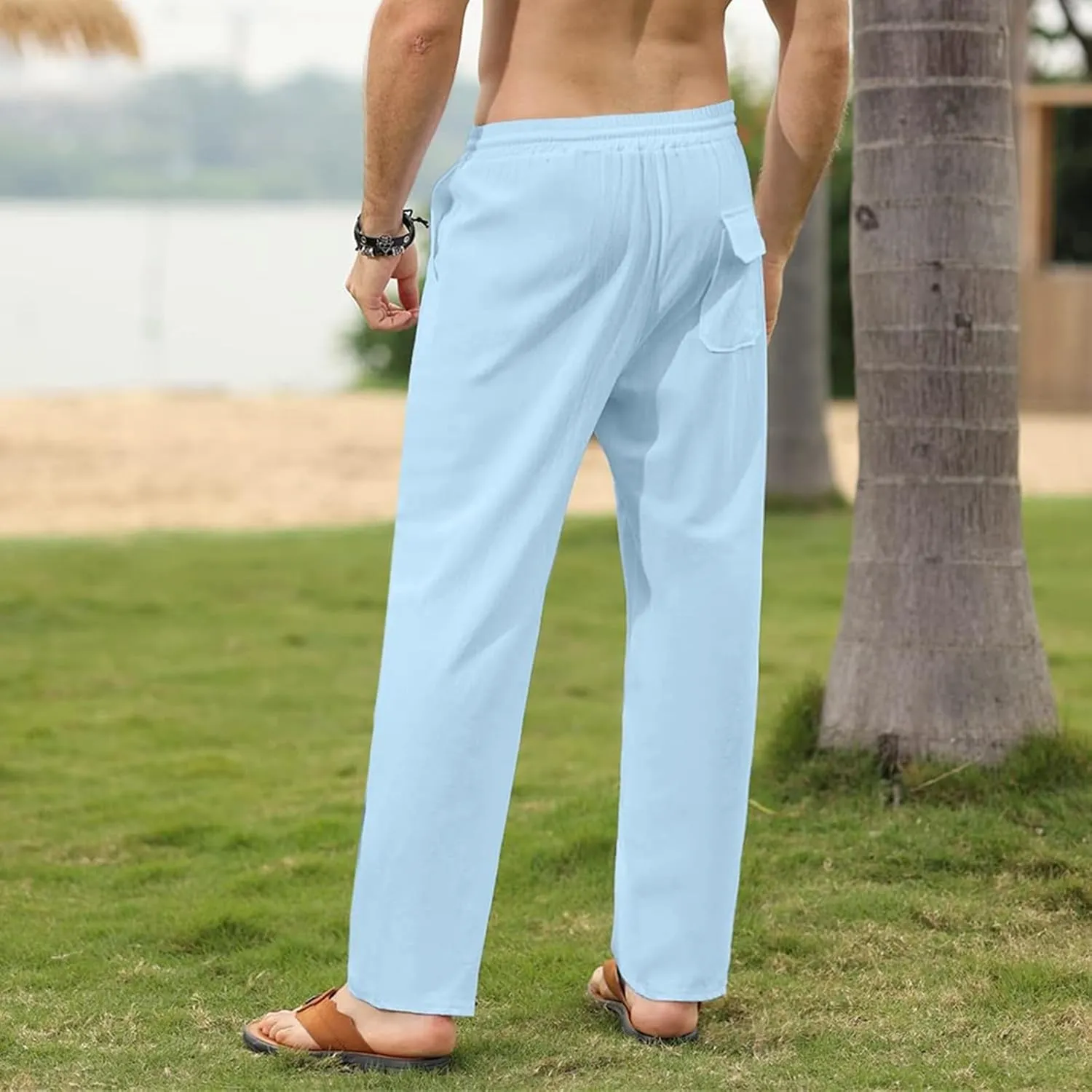 evzosrz Mens Linen Cotton Pants Casual Slim Fit Joggers Athletic Workout Solid Elastic Trousers Fall Beach Vacation Pant