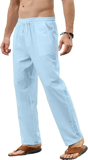 evzosrz Mens Linen Cotton Pants Casual Slim Fit Joggers Athletic Workout Solid Elastic Trousers Fall Beach Vacation Pant