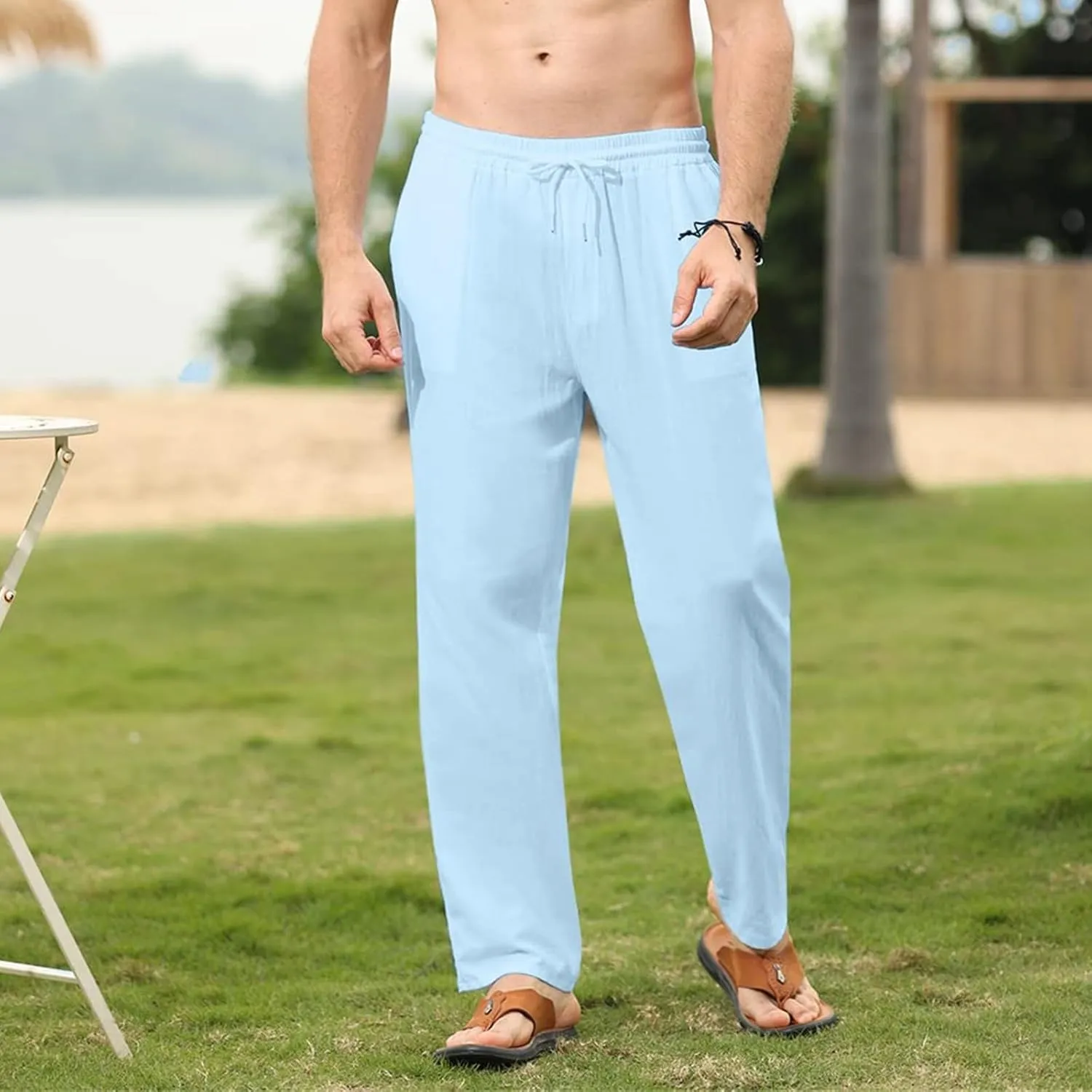 evzosrz Mens Linen Cotton Pants Casual Slim Fit Joggers Athletic Workout Solid Elastic Trousers Fall Beach Vacation Pant