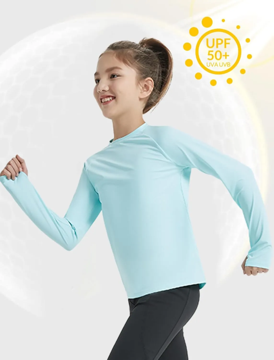 EXARUS Girls Long Sleeve Shirts Athletic Quick Dry Tops UPF 50  Performance Tees with Pockets Thumb Holes Workout Teens