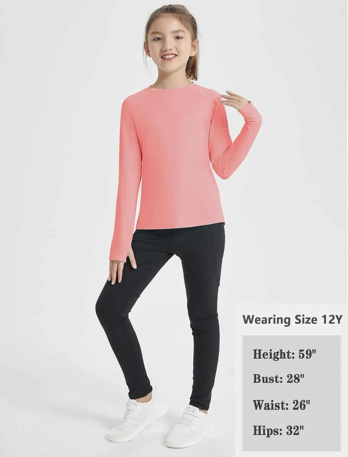 EXARUS Girls Long Sleeve Shirts Athletic Quick Dry Tops UPF 50  Performance Tees with Pockets Thumb Holes Workout Teens