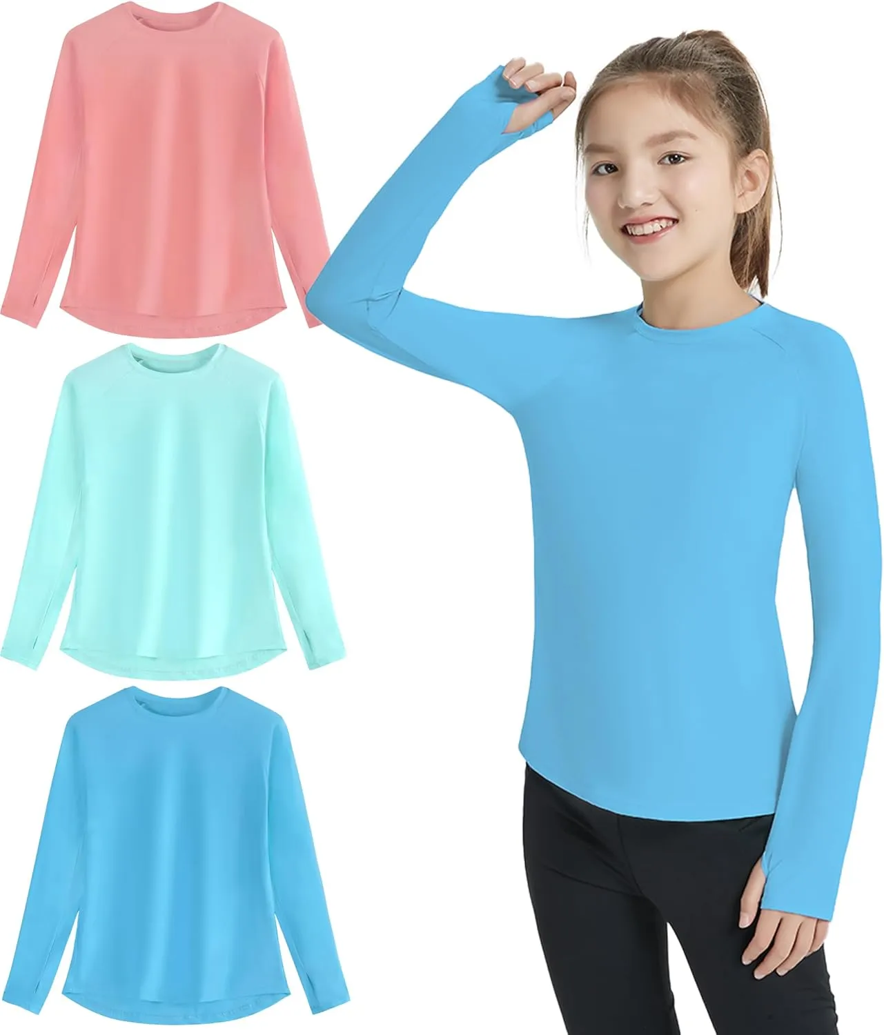 EXARUS Girls Long Sleeve Shirts Athletic Quick Dry Tops UPF 50  Performance Tees with Pockets Thumb Holes Workout Teens