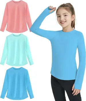 EXARUS Girls Long Sleeve Shirts Athletic Quick Dry Tops UPF 50  Performance Tees with Pockets Thumb Holes Workout Teens