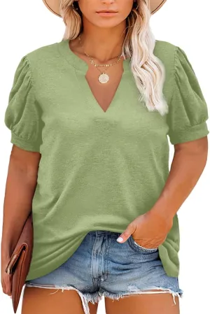 Eytino Womens Plus Size Tops V Neck Puff Short Sleeve Summer Loose Casual Solid Tees Shirts(1X-5X)