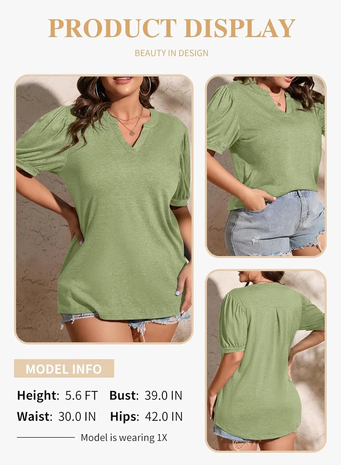 Eytino Womens Plus Size Tops V Neck Puff Short Sleeve Summer Loose Casual Solid Tees Shirts(1X-5X)
