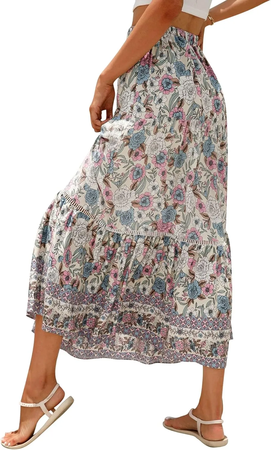 Ezcosplay Women Long Skirts Boho Floral Elastic High Waist Flowy Beach A Line Maxi Skirt