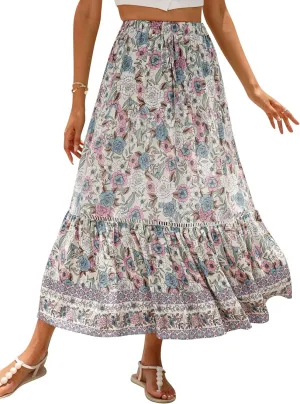 Ezcosplay Women Long Skirts Boho Floral Elastic High Waist Flowy Beach A Line Maxi Skirt
