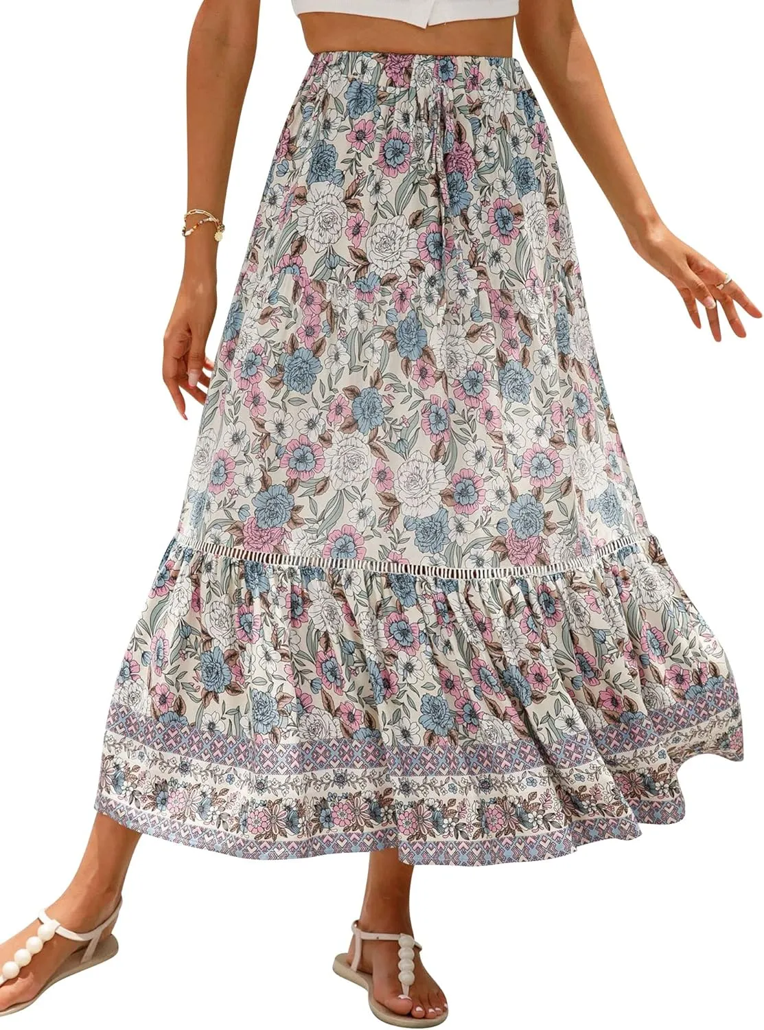 Ezcosplay Women Long Skirts Boho Floral Elastic High Waist Flowy Beach A Line Maxi Skirt