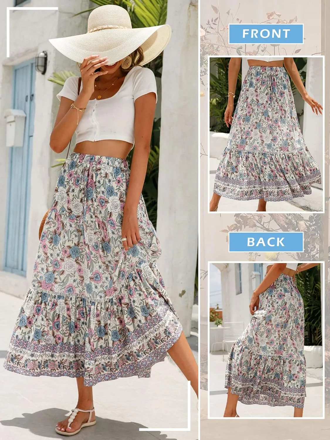 Ezcosplay Women Long Skirts Boho Floral Elastic High Waist Flowy Beach A Line Maxi Skirt