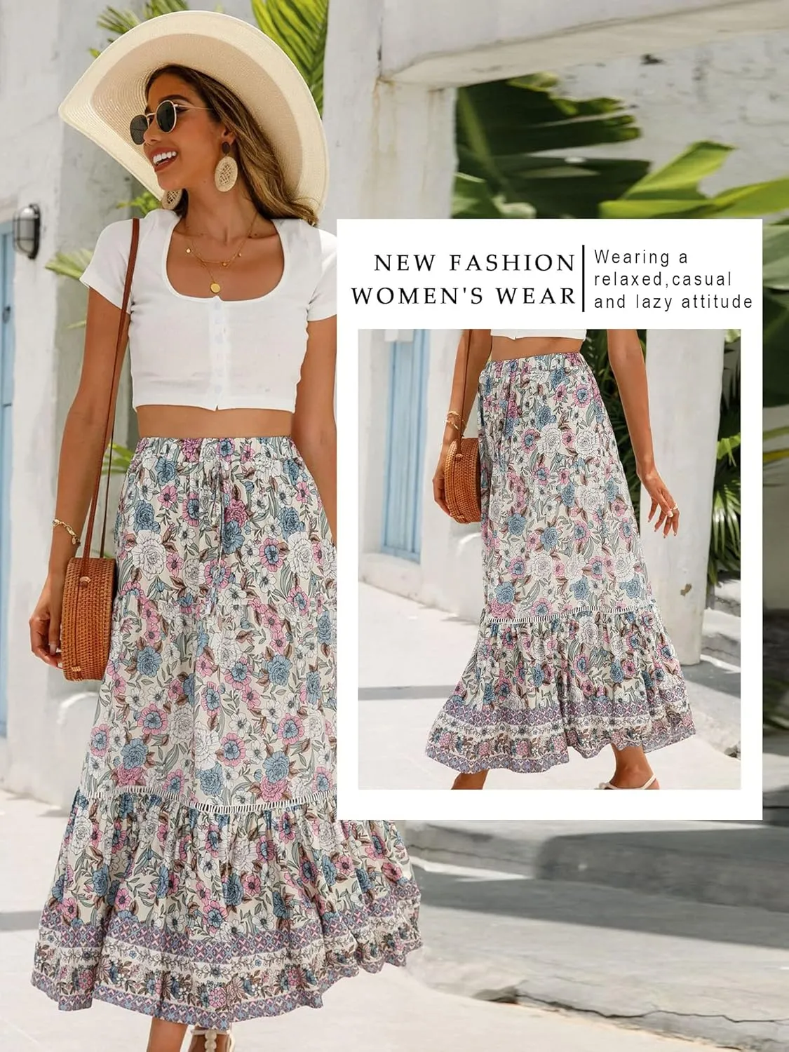 Ezcosplay Women Long Skirts Boho Floral Elastic High Waist Flowy Beach A Line Maxi Skirt