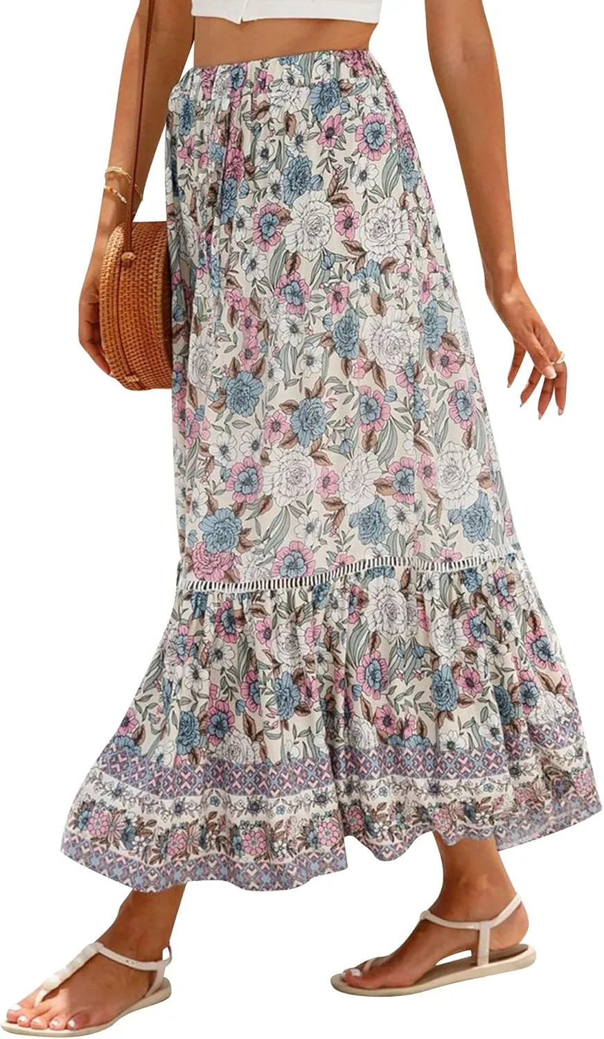 Ezcosplay Women Long Skirts Boho Floral Elastic High Waist Flowy Beach A Line Maxi Skirt