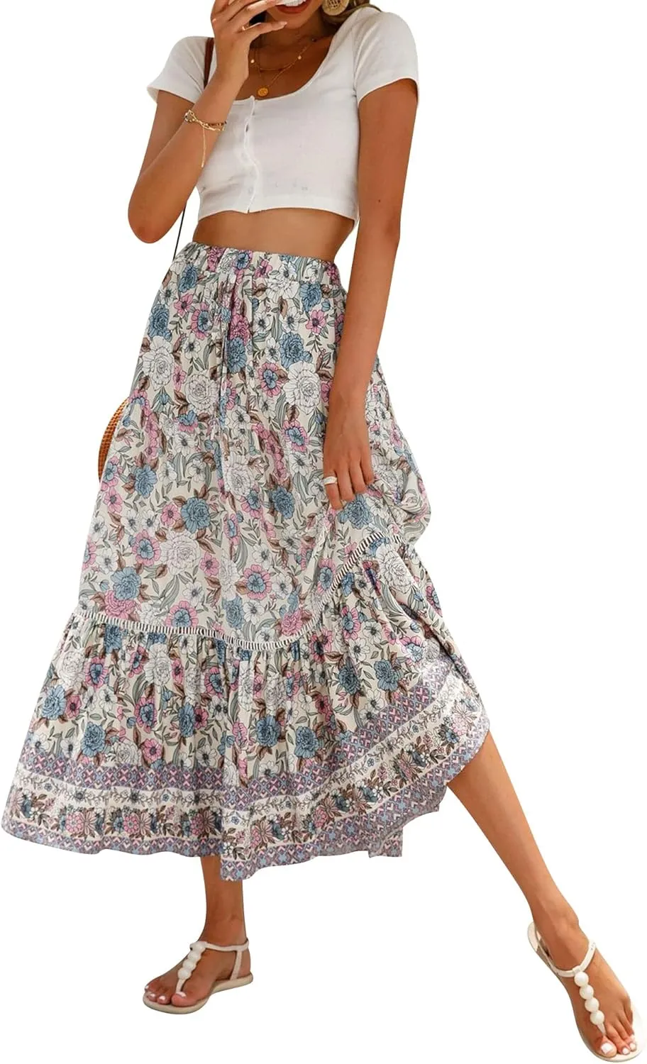 Ezcosplay Women Long Skirts Boho Floral Elastic High Waist Flowy Beach A Line Maxi Skirt