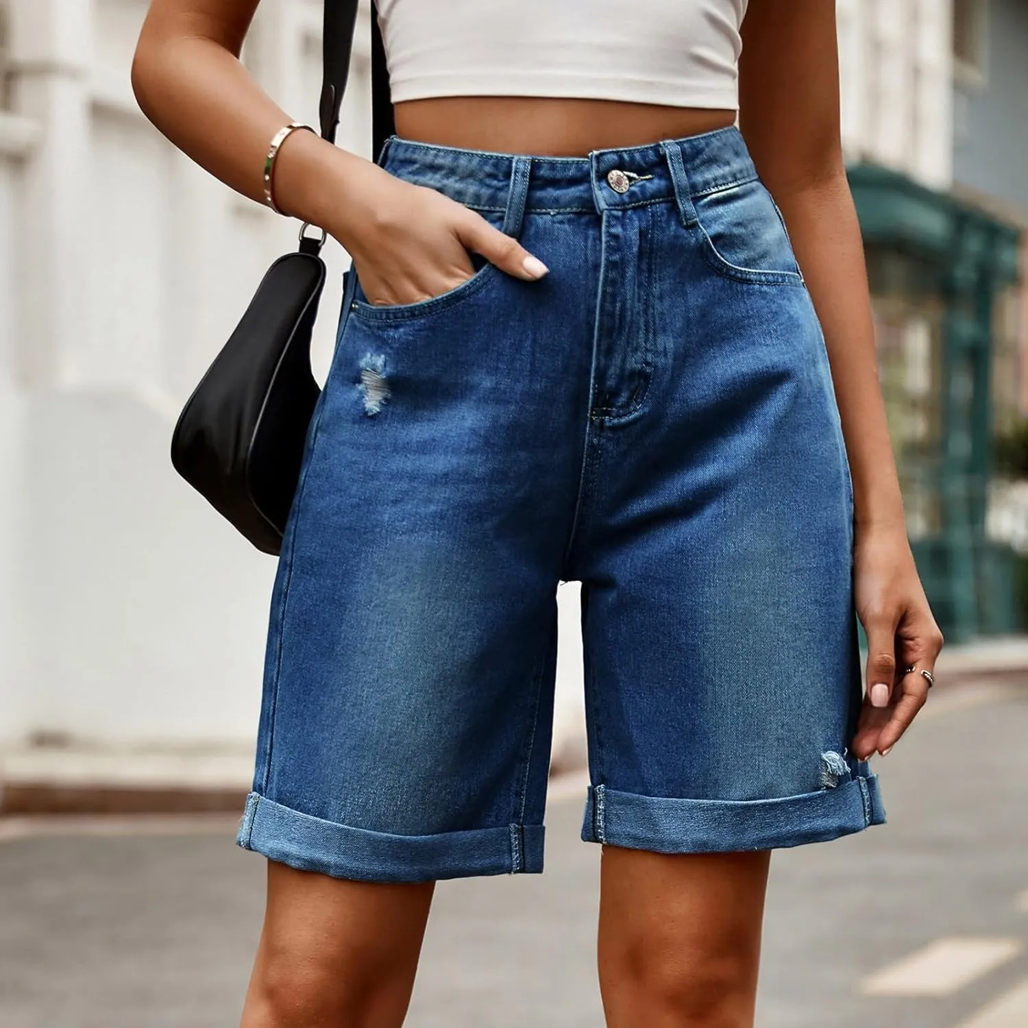 fanmpghleoo Jorts Women Baggy High Waisted Long Jean Shorts Wide Leg Denim Bermuda Shorts Knee Length Trendy Ripped Jeans