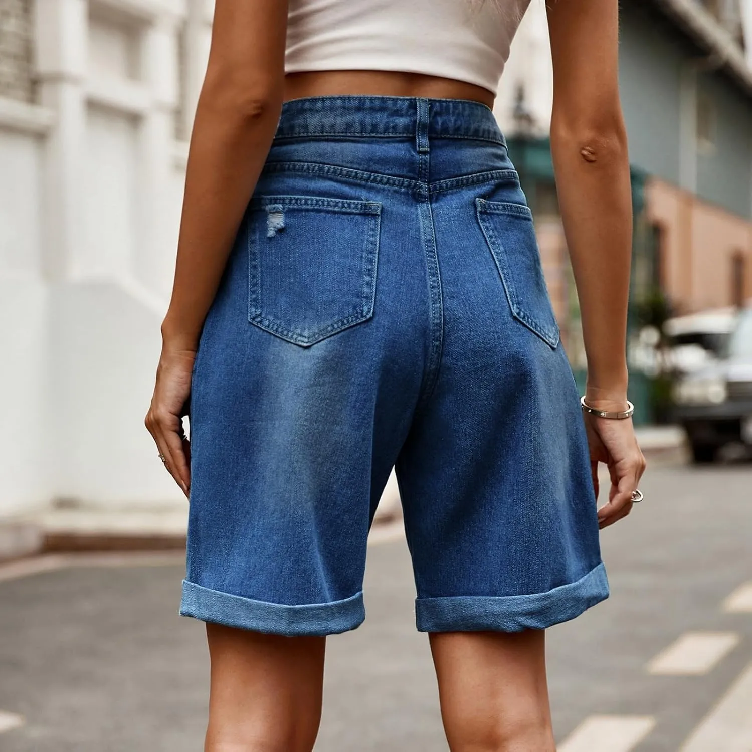 fanmpghleoo Jorts Women Baggy High Waisted Long Jean Shorts Wide Leg Denim Bermuda Shorts Knee Length Trendy Ripped Jeans