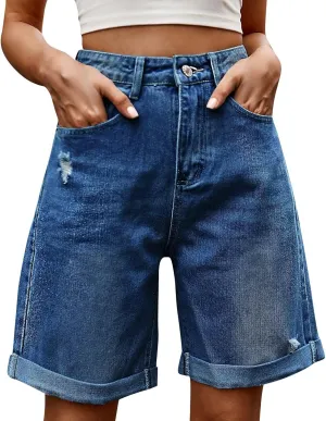 fanmpghleoo Jorts Women Baggy High Waisted Long Jean Shorts Wide Leg Denim Bermuda Shorts Knee Length Trendy Ripped Jeans