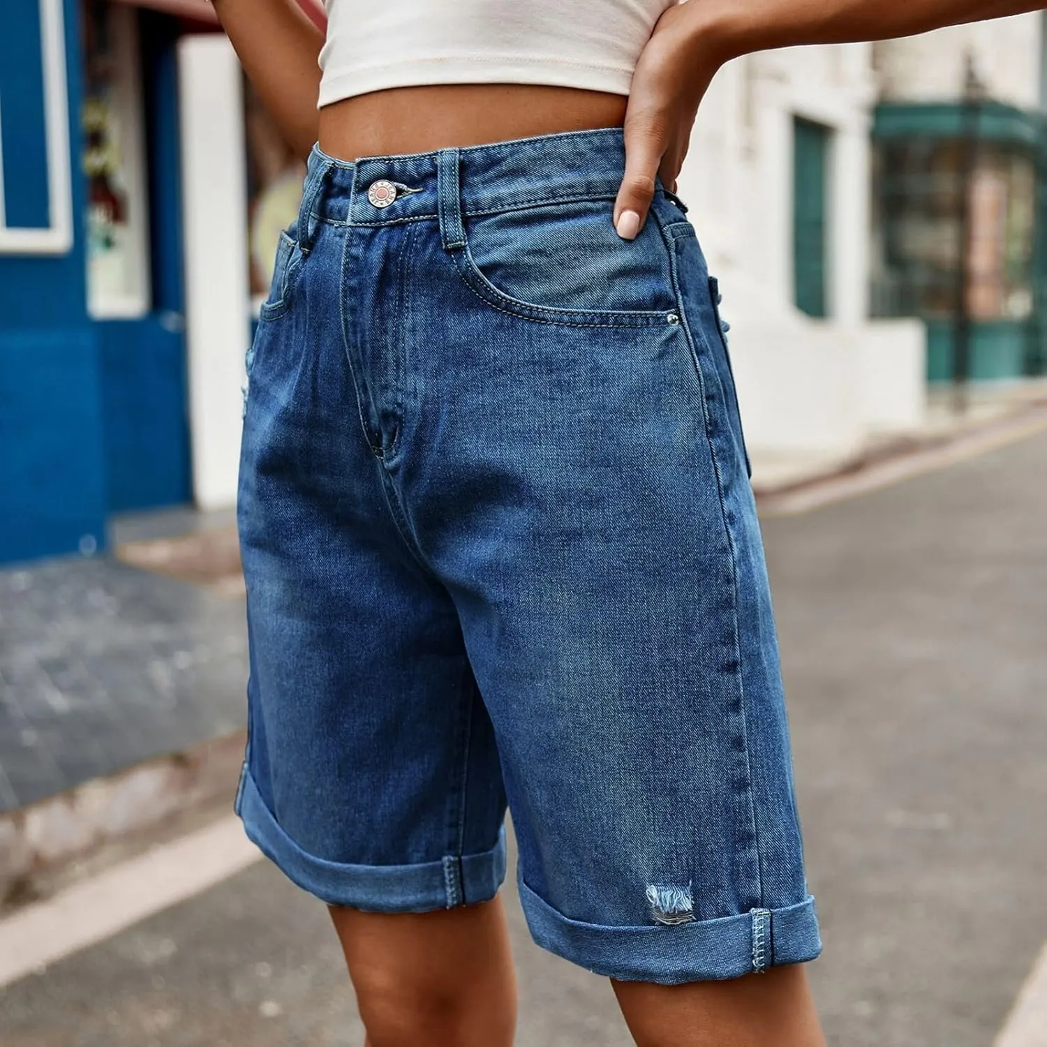 fanmpghleoo Jorts Women Baggy High Waisted Long Jean Shorts Wide Leg Denim Bermuda Shorts Knee Length Trendy Ripped Jeans