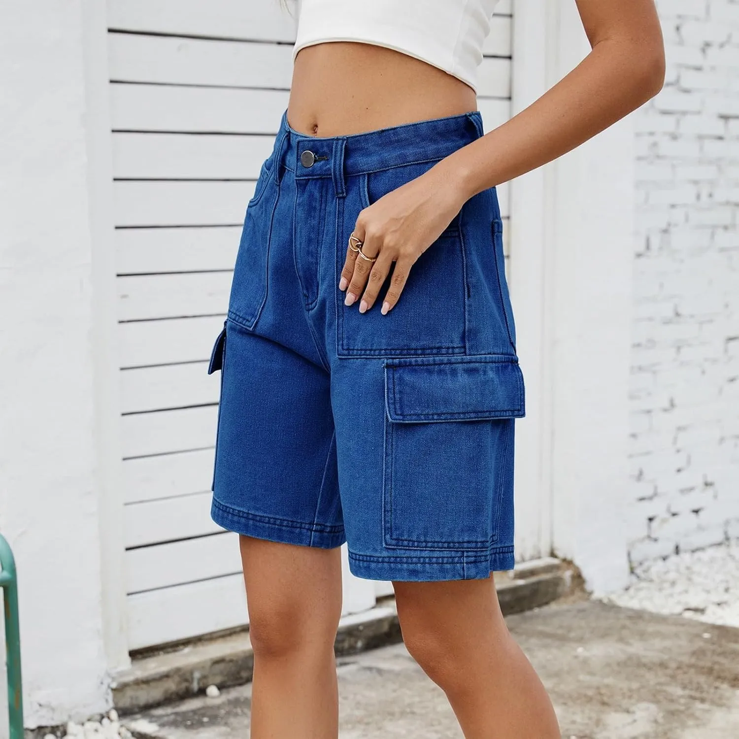fanmpghleoo Jorts Women Baggy Mid Thigh High Waisted Jean Shorts Wide Leg Denim Bermuda Shorts Knee Length Cowboy Cargo Pants