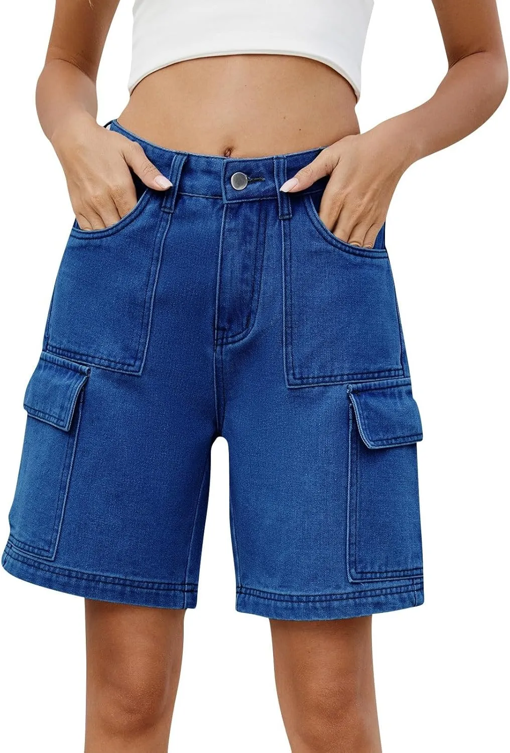 fanmpghleoo Jorts Women Baggy Mid Thigh High Waisted Jean Shorts Wide Leg Denim Bermuda Shorts Knee Length Cowboy Cargo Pants