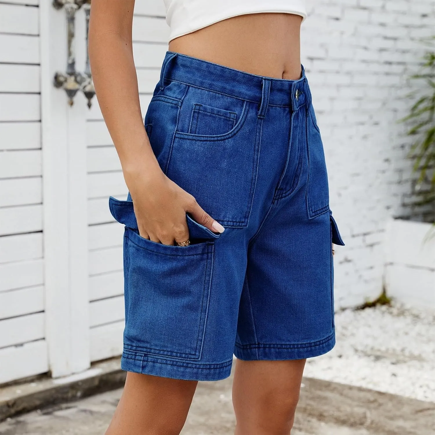 fanmpghleoo Jorts Women Baggy Mid Thigh High Waisted Jean Shorts Wide Leg Denim Bermuda Shorts Knee Length Cowboy Cargo Pants