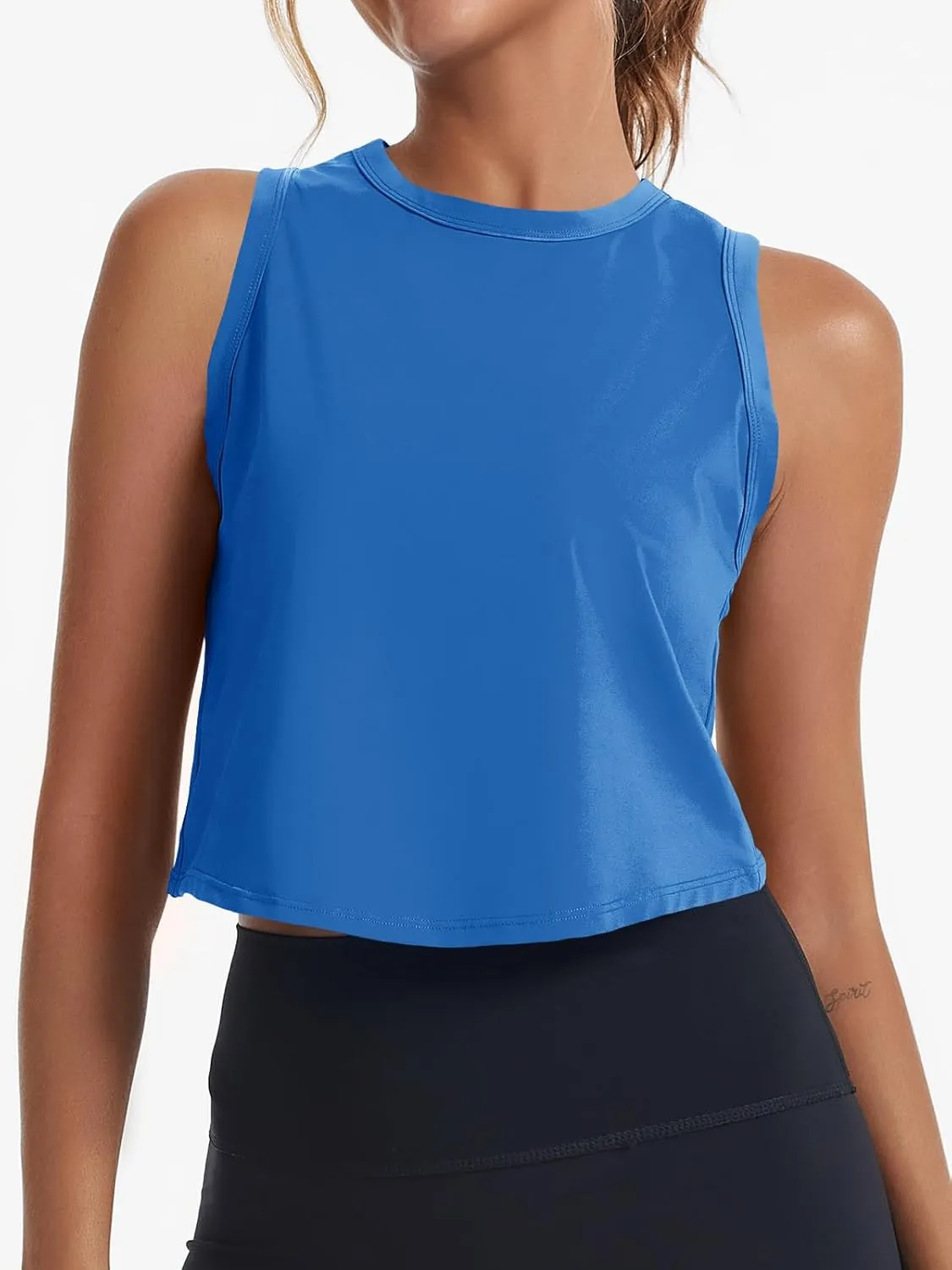 Fisoew Womens Workout Cropped Tank Tops Racerback Sleeveless Crewneck Running Yoga Active Shirts
