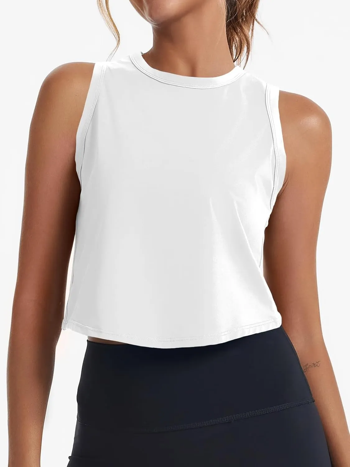 Fisoew Womens Workout Cropped Tank Tops Racerback Sleeveless Crewneck Running Yoga Active Shirts