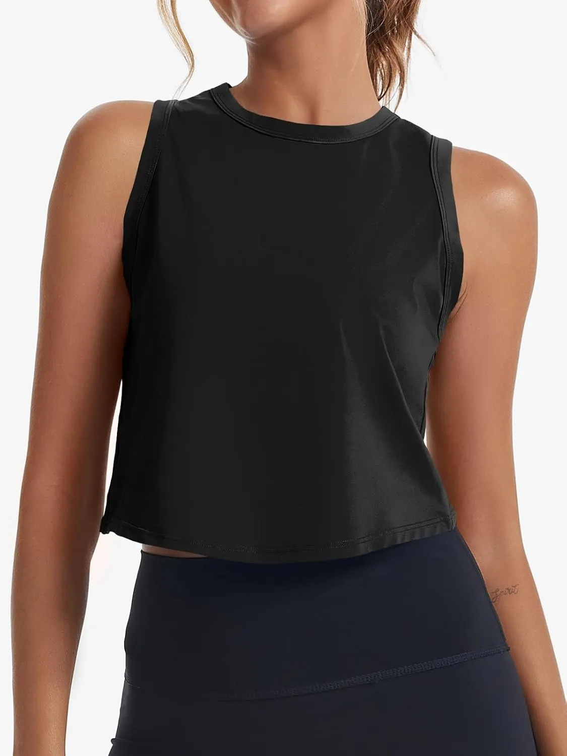 Fisoew Womens Workout Cropped Tank Tops Racerback Sleeveless Crewneck Running Yoga Active Shirts