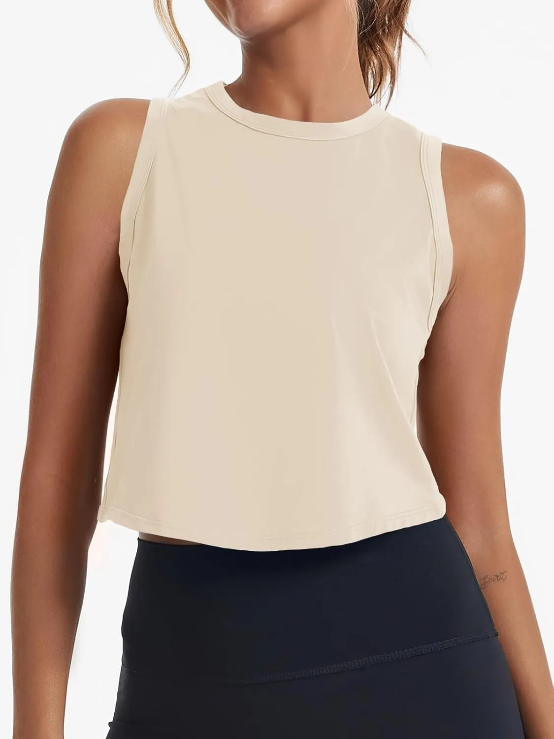 Fisoew Womens Workout Cropped Tank Tops Racerback Sleeveless Crewneck Running Yoga Active Shirts