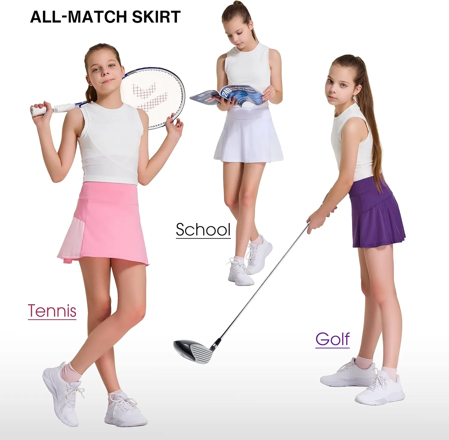 FitsT4 Sports Girl's Golf Skirt Adjustable Waist Active Tennis Skort UPF50 