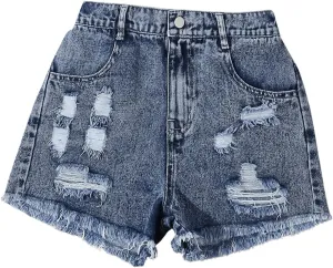 Floerns Girl's Ripped Raw Hem Elastic Waist Straight Leg Denim Shorts with Pockets