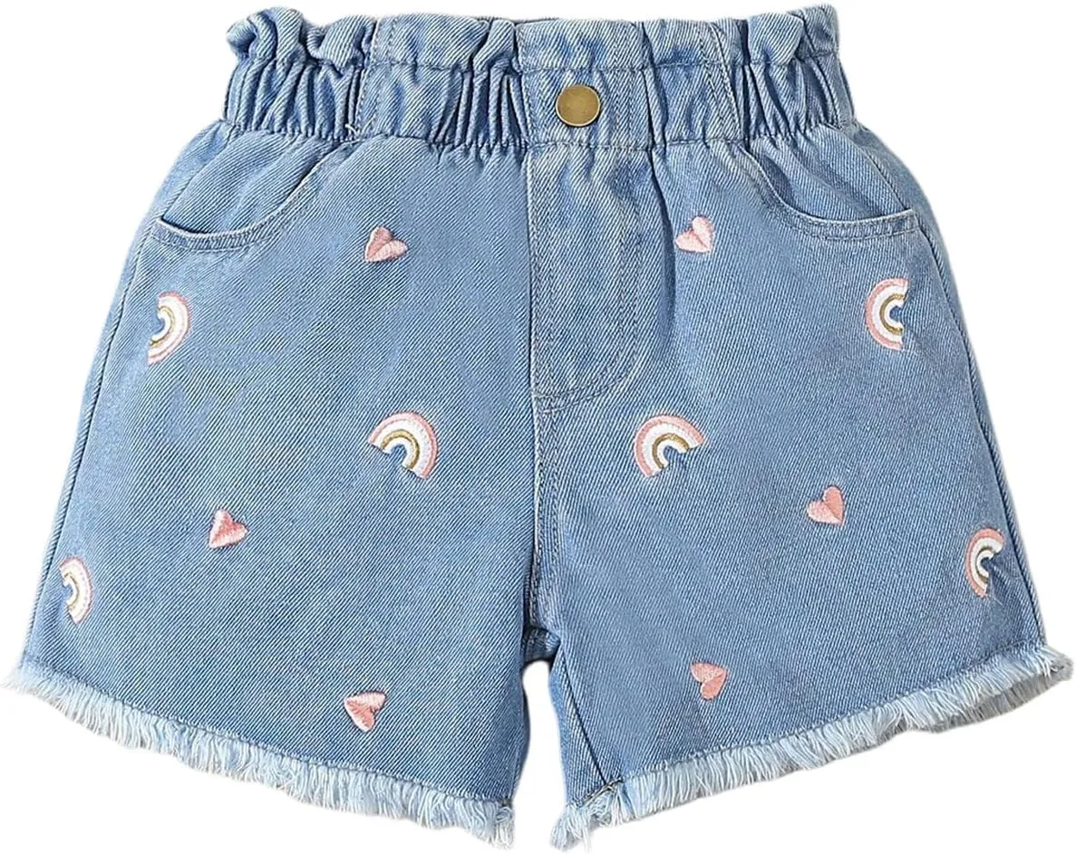Floerns Girl's Ripped Raw Hem Elastic Waist Straight Leg Denim Shorts with Pockets
