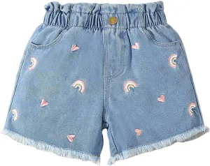 Floerns Girl's Ripped Raw Hem Elastic Waist Straight Leg Denim Shorts with Pockets