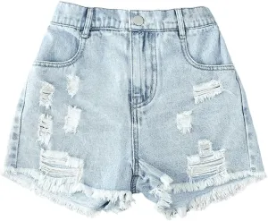 Floerns Girl's Ripped Raw Hem Elastic Waist Straight Leg Denim Shorts with Pockets
