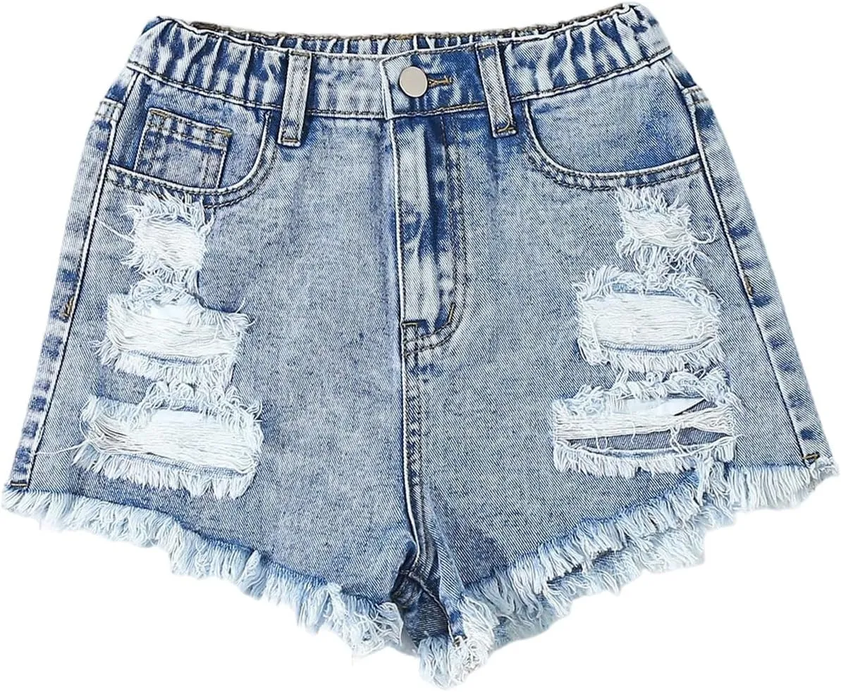 Floerns Girl's Ripped Raw Hem Elastic Waist Straight Leg Denim Shorts with Pockets