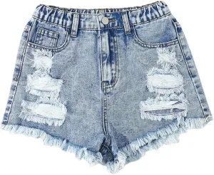 Floerns Girl's Ripped Raw Hem Elastic Waist Straight Leg Denim Shorts with Pockets
