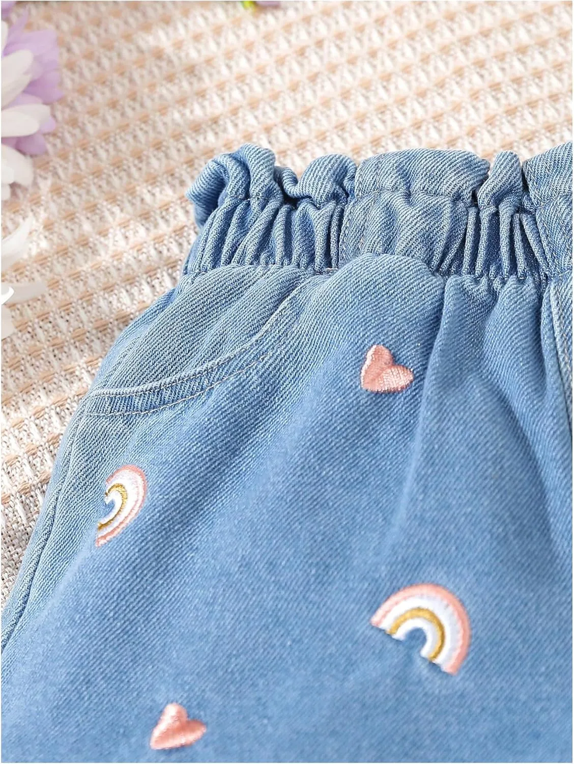 Floerns Girl's Ripped Raw Hem Elastic Waist Straight Leg Denim Shorts with Pockets