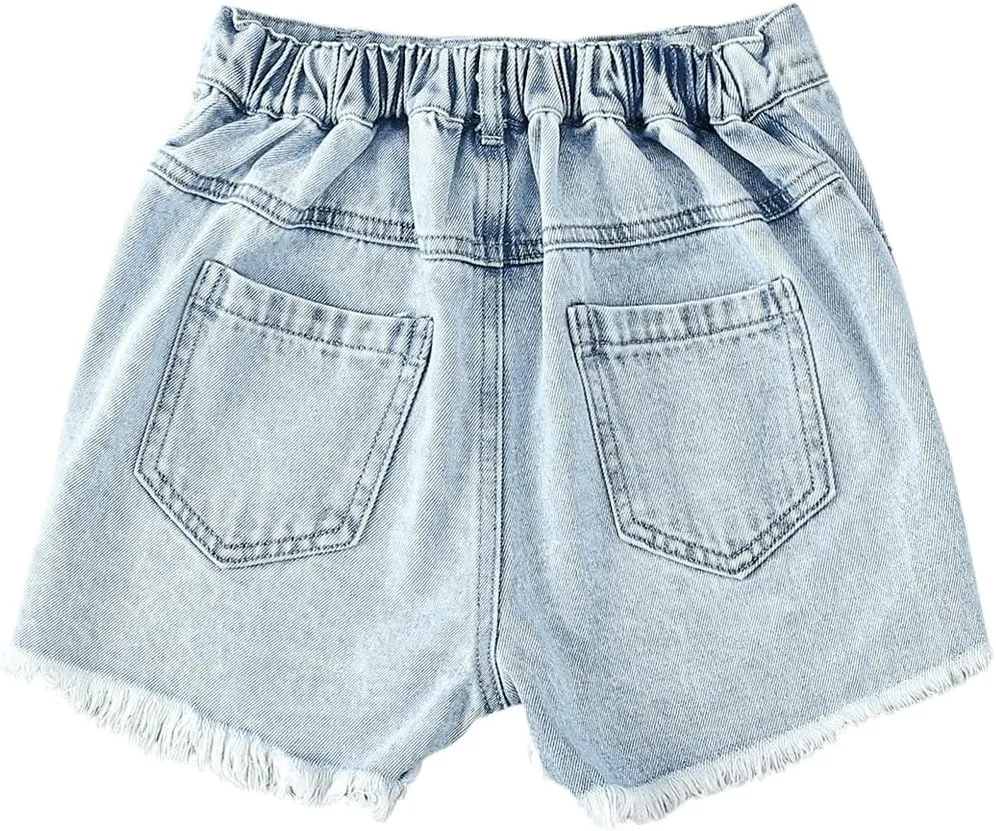 Floerns Girl's Ripped Raw Hem Elastic Waist Straight Leg Denim Shorts with Pockets