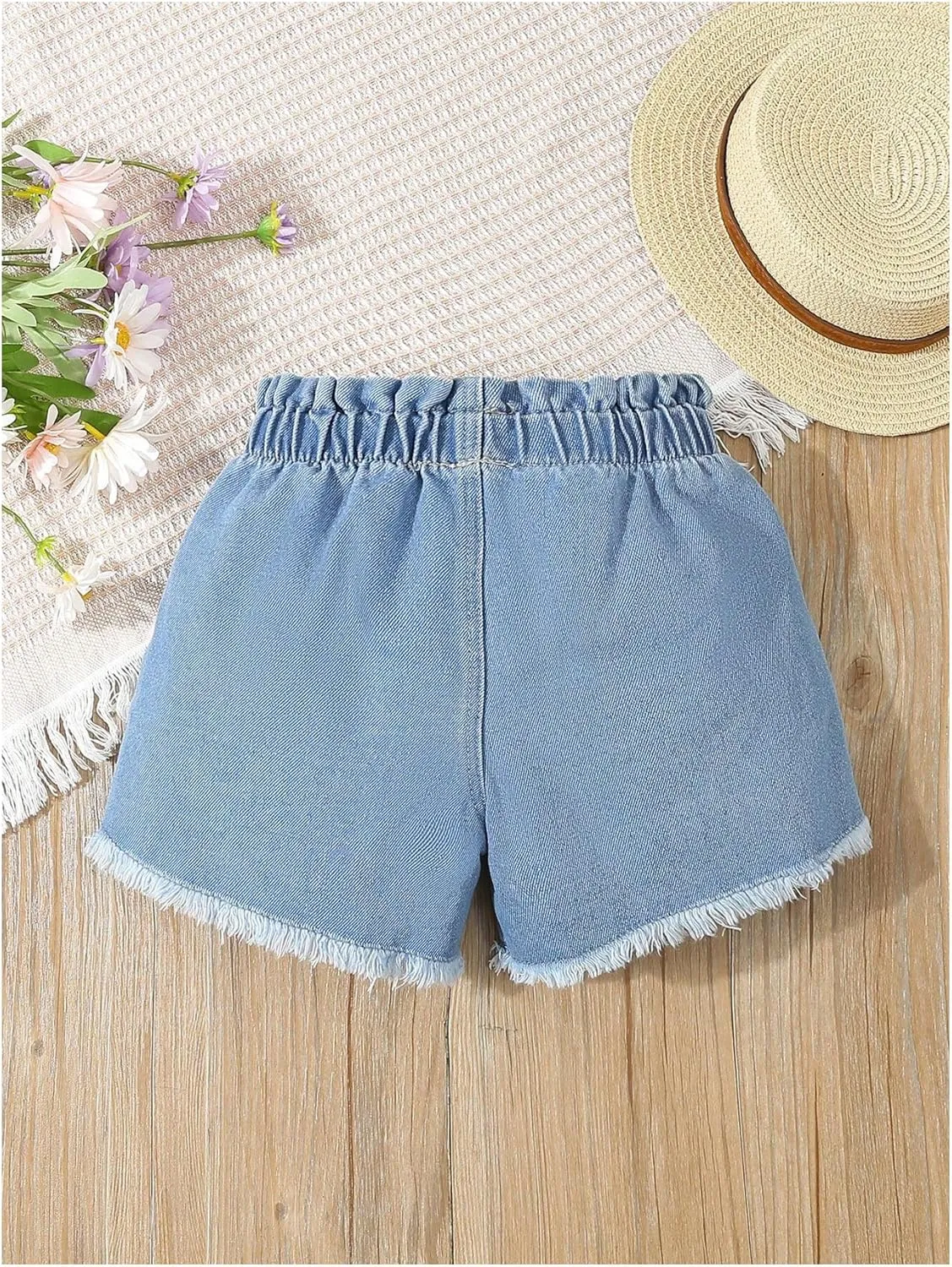 Floerns Girl's Ripped Raw Hem Elastic Waist Straight Leg Denim Shorts with Pockets