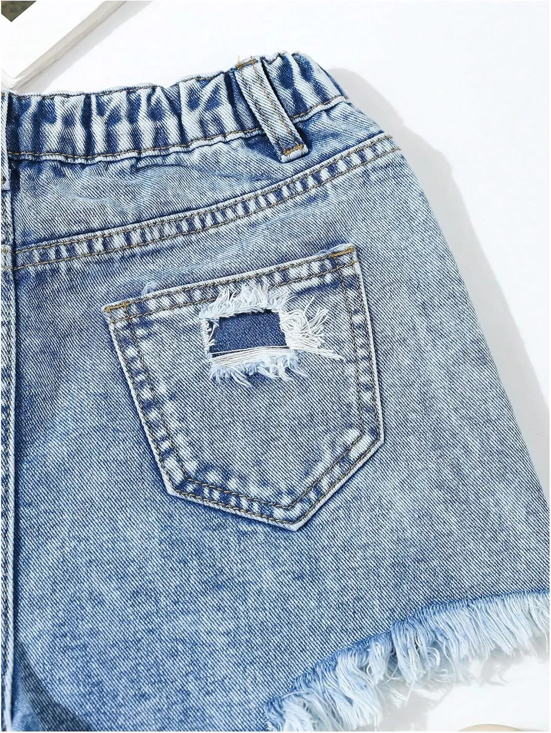 Floerns Girl's Ripped Raw Hem Elastic Waist Straight Leg Denim Shorts with Pockets