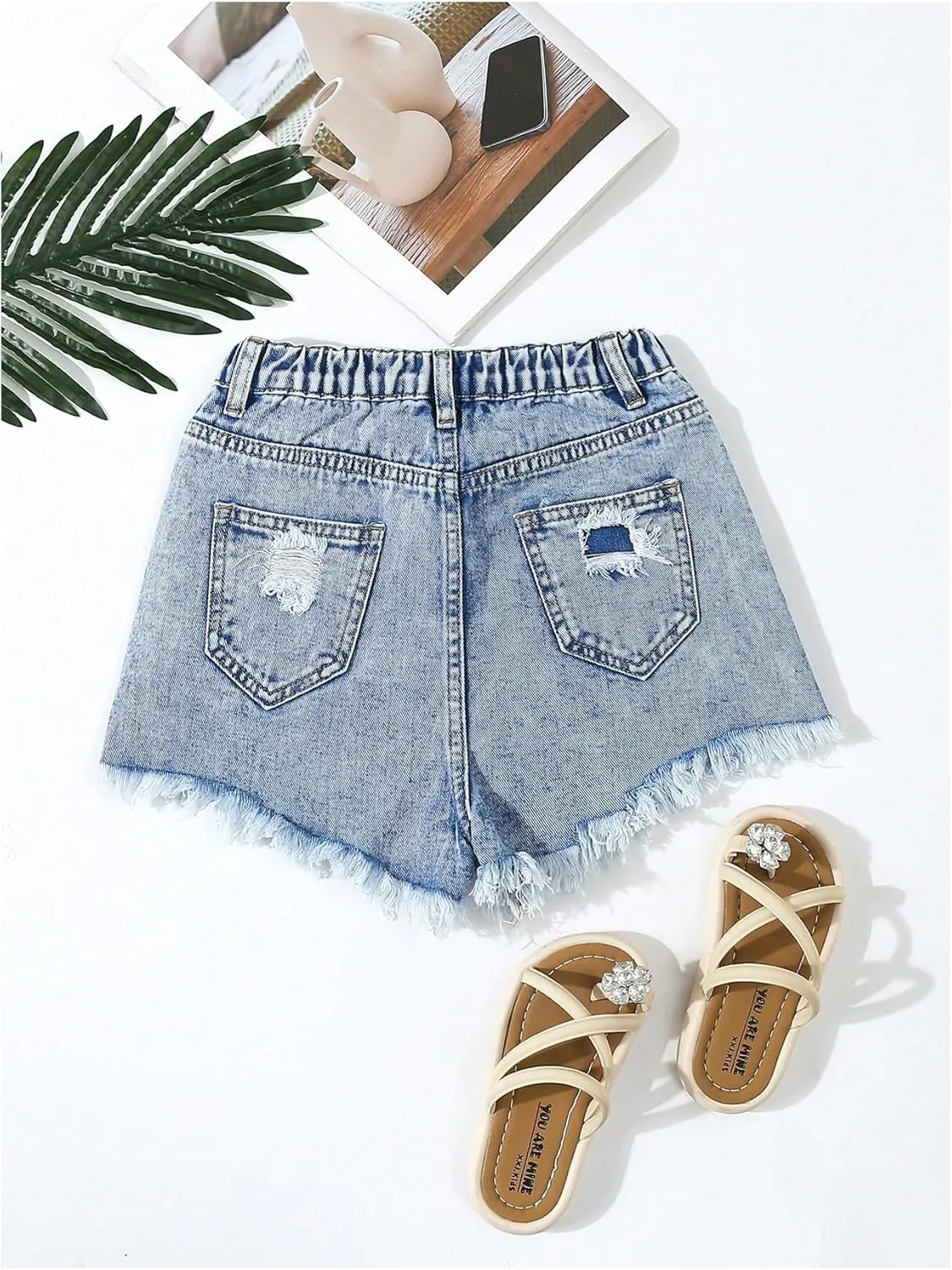 Floerns Girl's Ripped Raw Hem Elastic Waist Straight Leg Denim Shorts with Pockets