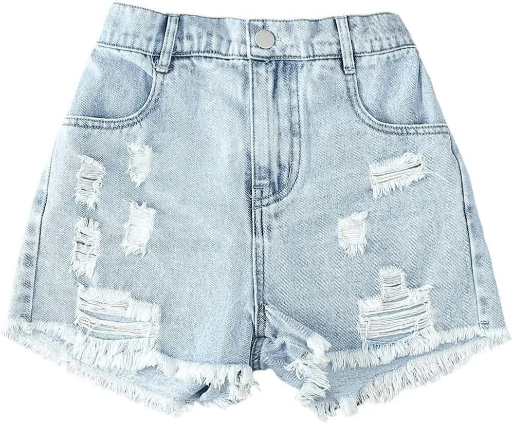 Floerns Girl's Ripped Raw Hem Elastic Waist Straight Leg Denim Shorts with Pockets