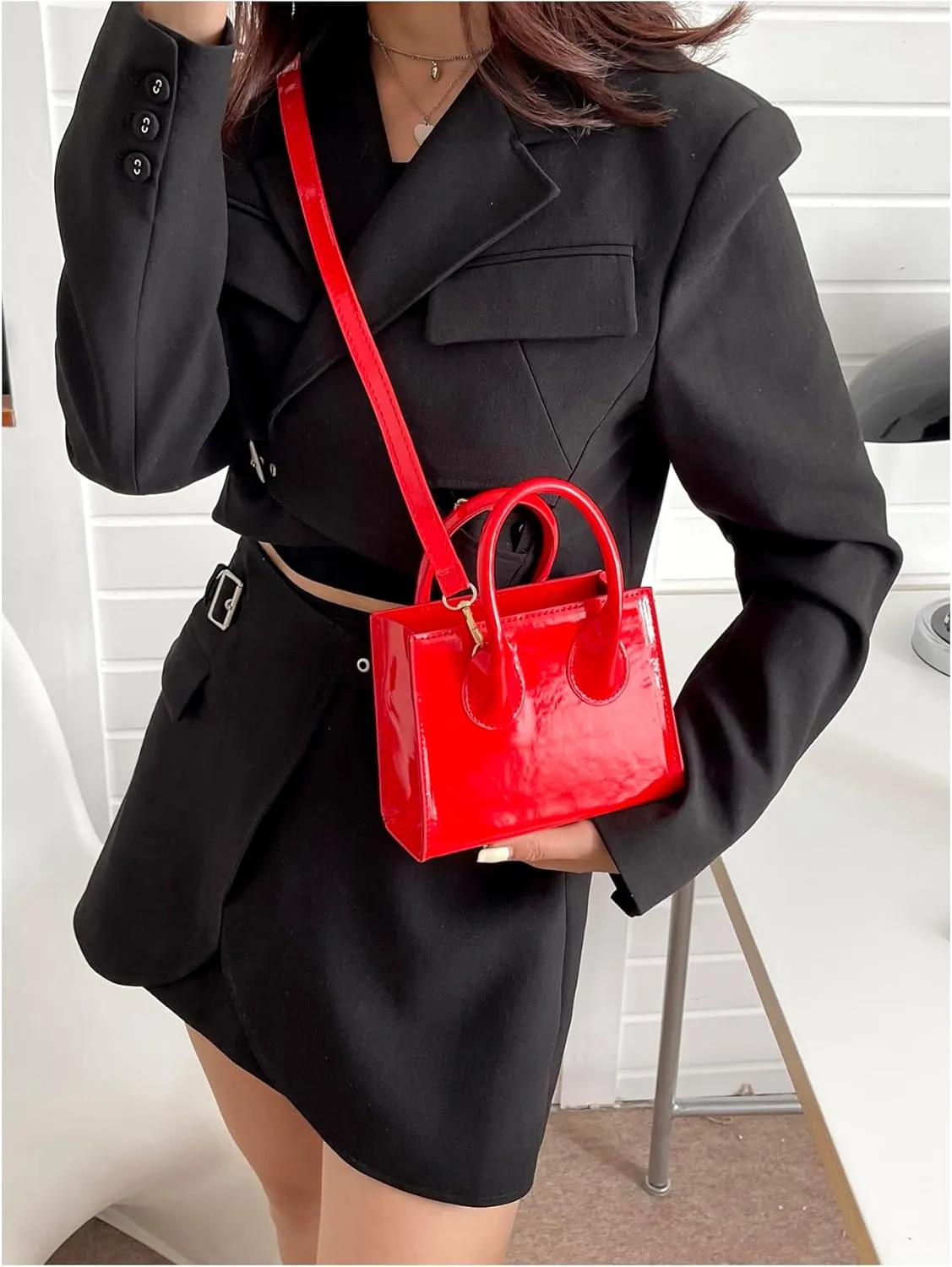 Floerns Women's Leather Double Handle Crossbody Bag Mini Square Bag Shoulder Bag